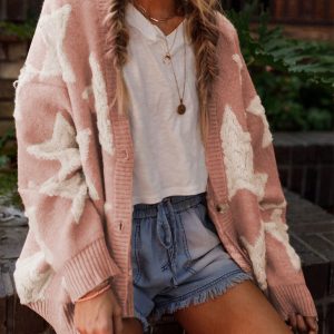 Pink Sherpa Star Pattern Textured Sweater Cardigan with Pockets