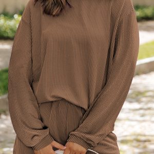 Chestnut Corded Knit Long Sleeve Top and High Waist Shorts Set